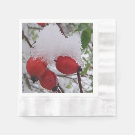 3つのバラの上に雪のキャップ 縁ありカクテルナプキン (正面)