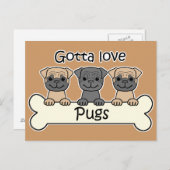 3つのパグ ポストカード (正面/裏面)