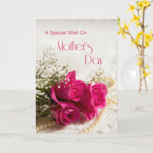3つのピンクのバラを持つ母のデイカード カード (黄色い花)