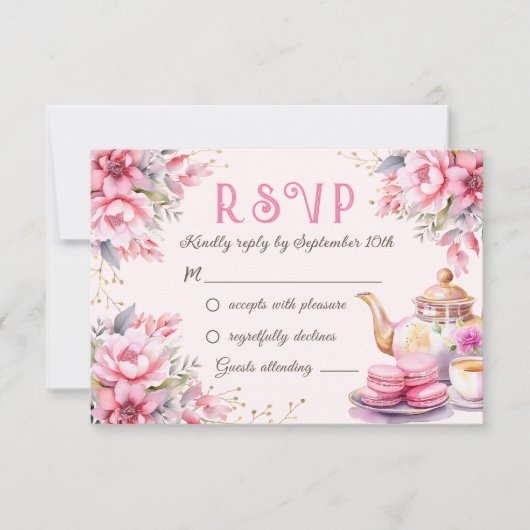 3つのピンクのフローラ3rd誕生日のRsvpカードのためのお茶 出欠カード (正面)