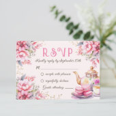 3つのピンクのフローラ3rd誕生日のRsvpカードのためのお茶 出欠カード (スタンド正面)