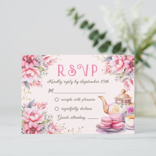 3つのピンクのフローラ3rd誕生日のRsvpカードのためのお茶 出欠カード (スタンド正面)