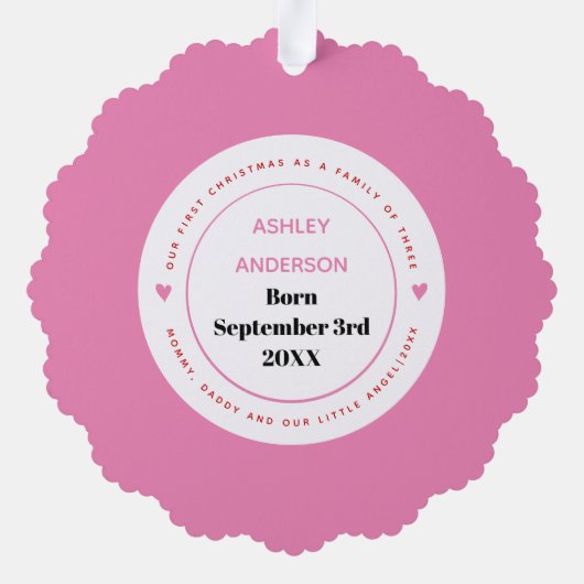 3つのピンクの写真の初めてのクリスマス科 オーナメントカード (裏面)
