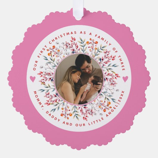 3つのピンクの写真の初めてのクリスマス科 オーナメントカード (正面)