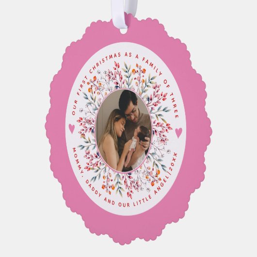 3つのピンクの写真の初めてのクリスマス科 オーナメントカード (左)
