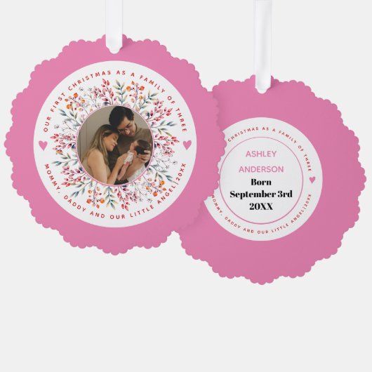 3つのピンクの写真の初めてのクリスマス科 オーナメントカード (正面/裏面)