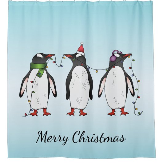 3つのフェスティバルクリスマスペンギンカスタム文字 シャワーカーテン (正面)