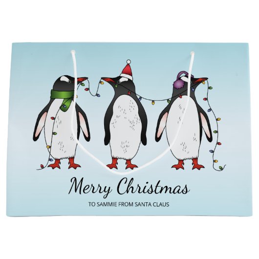 3つのフェスティバルクリスマスペンギンカスタム文字 ラージペーパーバッグ (正面)