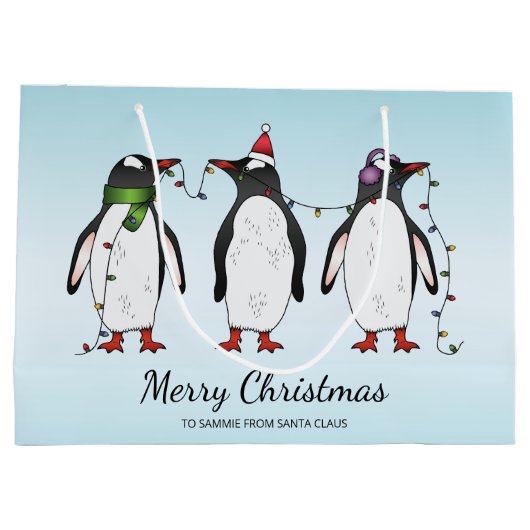 3つのフェスティバルクリスマスペンギンカスタム文字 ラージペーパーバッグ (裏面)