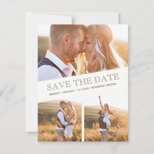3つのフォトコラージュモダンウェディングの日付を保存 案内状 (正面)