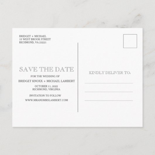 3つのフォトコラージュモダンウェディング日付を保存 案内ポストカード (裏面)