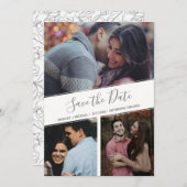 3つのフォトコラージュモダンフローラ日付の保存 案内状 (正面/裏面)