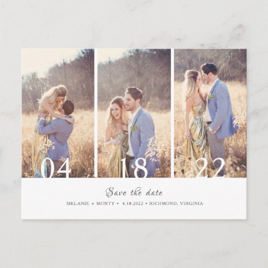 3つのフォトコラージュ結婚式の日付を保存 案内ポストカード (正面)