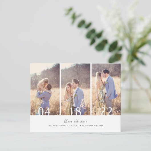 3つのフォトコラージュ結婚式の日付を保存 案内ポストカード (スタンド正面)