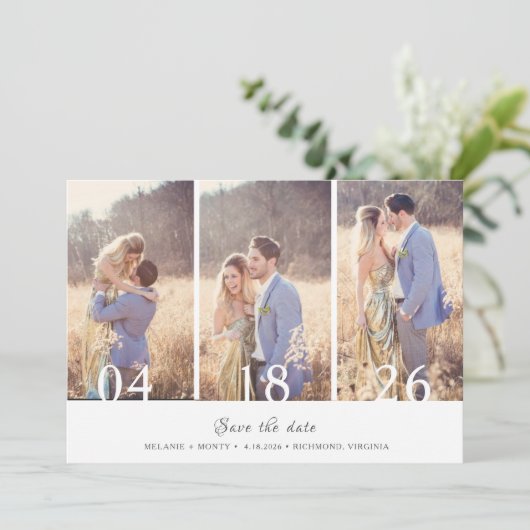 3つのフォトコラージュ結婚式の日付を保存 案内状 (スタンド正面)