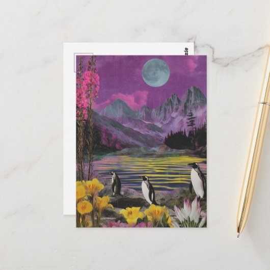 3つのプギンス超現実的な混合メディア ポストカード (正面/裏面インサイチュ)