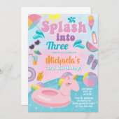 3つのプールのパーティー誕生日の招待にスプラッシュ。 招待状 (正面/裏面)