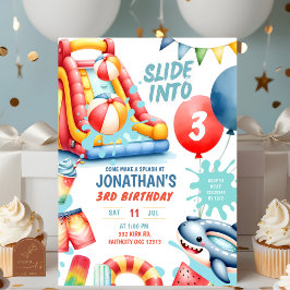 3つのプールの誕生日パーティーにスライド 招待状