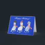 3つのベビーの足跡の雪だるま-幸せな休日! シーズンカード<br><div class="desc">これらの愛らしい、風に吹かれた雪だるまは私の息子の足跡の最後のクリスマスと作成されました。  彼はその時に6か月古かったです。  (私は彼が眠っている間それをしなければなりませんでした!)それから私は装飾的なorigamiの紙からの帽子、スカーフおよびにんじんを切り取りました。  そして私は腕および目で引きました。 カードの内部は"あなたが暖かく、"をつま先" - TYにこの冬!"とどまる希望言います  それを得て下さいか。  "つま先で触ます" -足跡から成っていますtyおよび雪だるま! :)希望それを好みます!  スタンプを忘れないで下さい!  このカードと行くためにとりわけなされるスタンプがあります!  http://www.zazzle.com/baby_footprint_snowman_postage-172692321835329514</div>