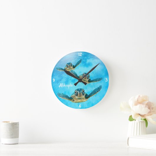 3つのベビーウミガメが時計の周りを泳ぐ ラウンド壁時計 (ホーム)