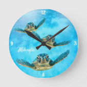 3つのベビーウミガメが時計の周りを泳ぐ ラウンド壁時計 (正面)