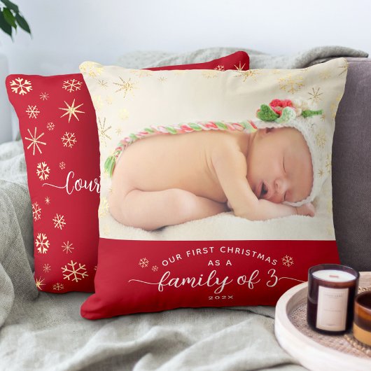 3つのベビー初めてのクリスマスの家族スノーフレーク写真 クッション
