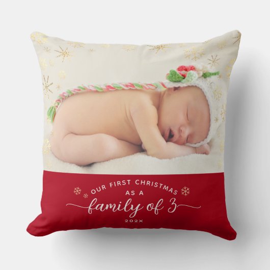 3つのベビー初めてのクリスマスの家族スノーフレーク写真 クッション (正面)