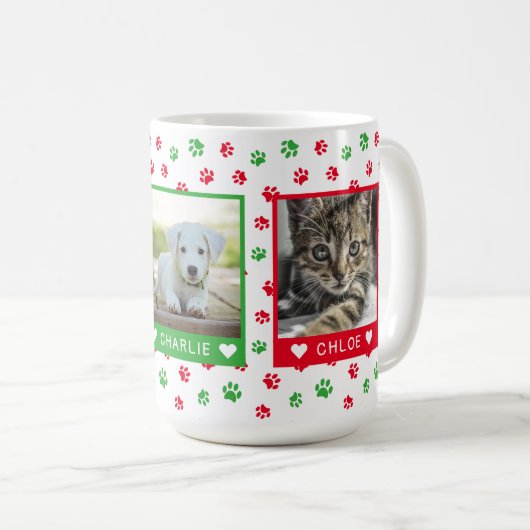 3つのペットの写真名赤い緑の手のプリント コーヒーマグカップ (正面右)