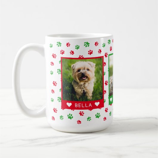 3つのペットの写真名赤い緑の手のプリント コーヒーマグカップ (左)