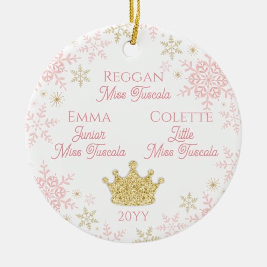 3つのページェントプリンセスピンク金ゴールド雪の結晶 セラミックオーナメント (正面)