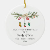 3つのホリカスタムーストッキングのクリスマスの家族 セラミックオーナメント (正面)