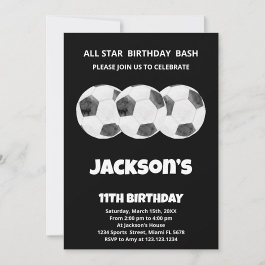 3つのボール 黒 サッカー バースデー インビテーション (正面)