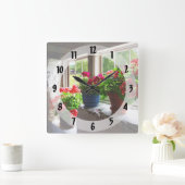 3つのポットのゲラニウムの窓枠 スクエア壁時計 (ホーム)