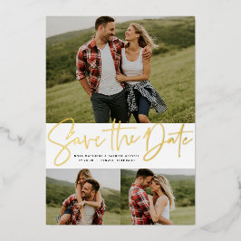 3つのモダン写真金ゴールドをスクリプトに保存する日付 箔招待状