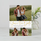 3つのモダン写真金ゴールドをスクリプトに保存する日付 箔招待状 (立ち正面)