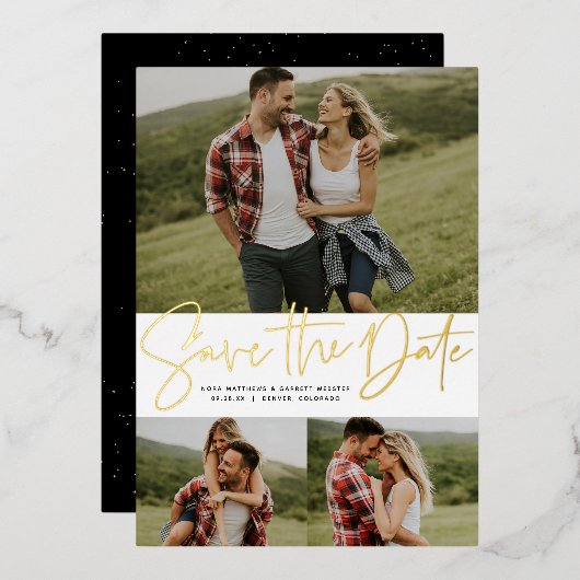 3つのモダン写真金ゴールドをスクリプトに保存する日付 箔招待状 (正面/裏面)