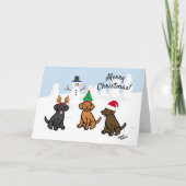 3つのラブラドールと雪だるまクリスマス シーズンカード (正面)