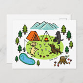 3つのラブラドールキャンピングキャンプサイトカートゥーン ポストカード (正面/裏面)