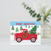 3つのラブラドールレッドトラッククリスマス シーズンポストカード (スタンド正面)