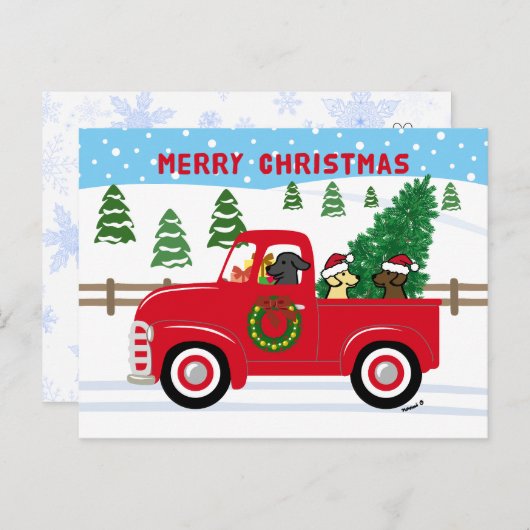 3つのラブラドールレッドトラッククリスマス シーズンポストカード (正面/裏面)