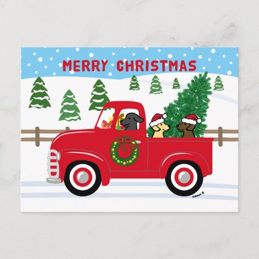 3つのラブラドールレッドトラッククリスマス シーズンポストカード (正面)