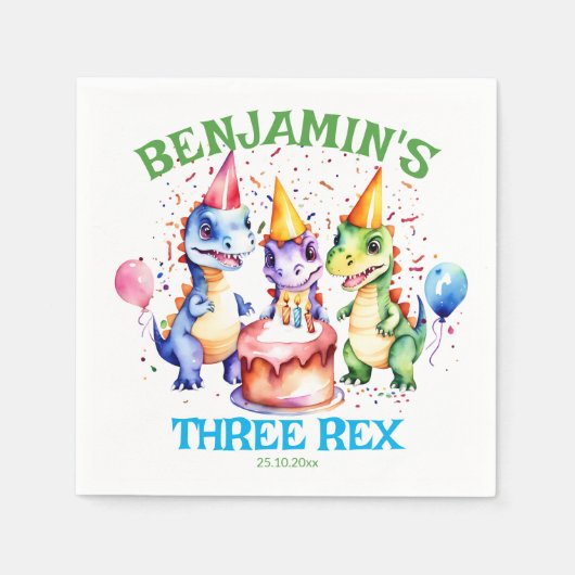 3つのレックスかわいい恐竜の誕生日の食器 スタンダードカクテルナプキン (正面)