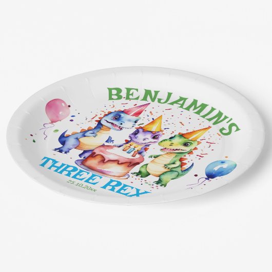 3つのレックスかわいい恐竜の誕生日の食器 ペーパープレート (アングル)