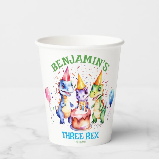 3つのレックスかわいい恐竜の誕生日の食器 紙コップ (裏面)