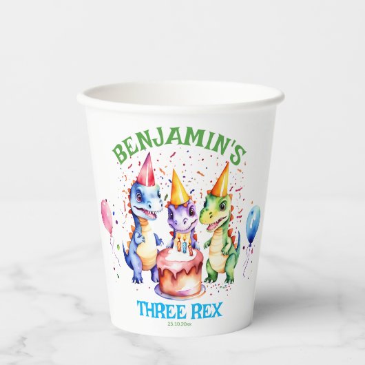 3つのレックスかわいい恐竜の誕生日の食器 紙コップ (正面)