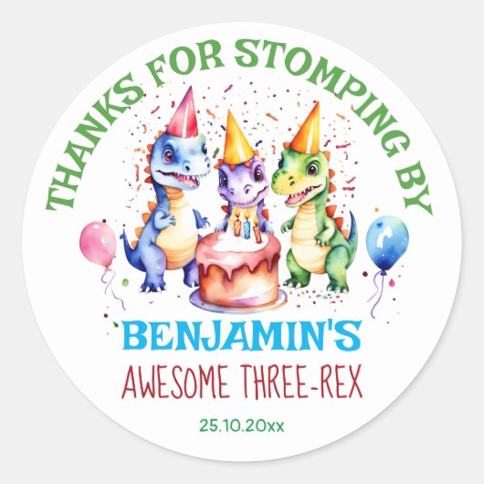 3つのレックスかわいい恐竜の誕生日パーティーの好意 ラウンドシール (正面)