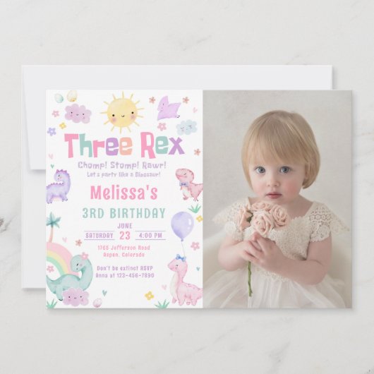 3つのレックスパステル恐竜3番目の誕生日の写真 招待状 (正面)
