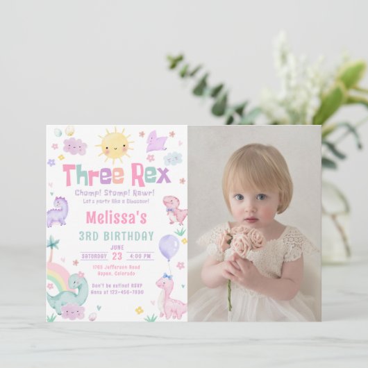 3つのレックスパステル恐竜3番目の誕生日の写真 招待状 (スタンド正面)