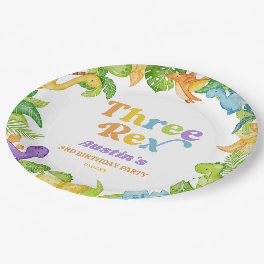 3つのレックス恐竜の第3の誕生日パーティー ペーパープレート (アングル)