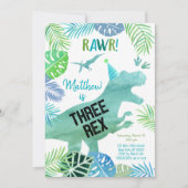 3つのレックス恐竜の緑の誕生日 招待状 (正面)